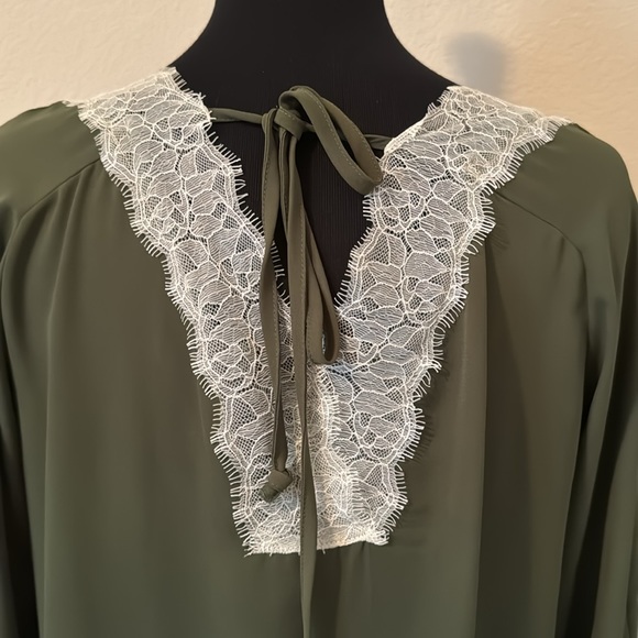 NY COLLECTION Lace Trim Blouse Olive Green Medium - Picture 5 of 14